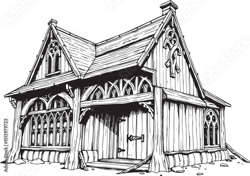 Antique wood architecture, the patterns are made with wood carvings. Hand drawn vector illustration