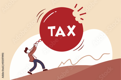 Tax payment deadline mistake or no financial planning for tax exempt investment concept, big heavy tax ball rolling down hill to depressed and panic businessman worker.
