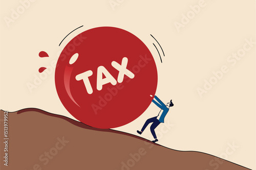Tax payment deadline mistake or no financial planning for tax exempt investment concept, big heavy tax ball rolling down hill to depressed and panic businessman worker.
