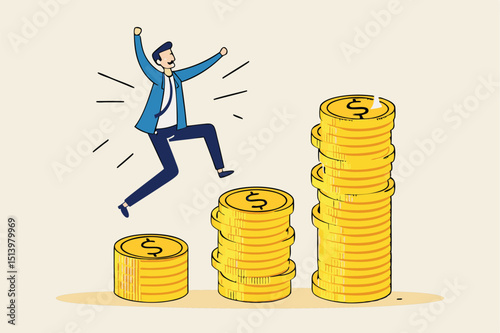 Compound interest, money growth investment, prosperity or earning and profitability stock concept, happy businessman investor jumping on stack of growth compound money coins.