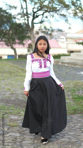 Latin woman modeling traditional andean dress outdoors