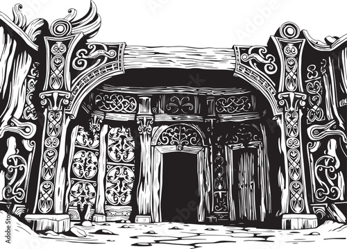 Antique wood architecture, the patterns are made with wood carvings. Hand drawn vector illustration