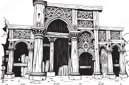 Antique wood architecture, the patterns are made with wood carvings. Hand drawn vector illustration