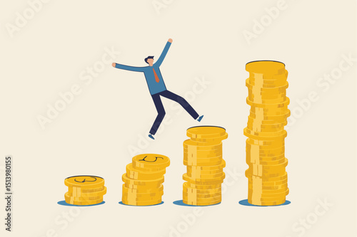 Compound interest, money growth investment, prosperity or earning and profitability stock concept, happy businessman investor jumping on stack of growth compound money coins.
