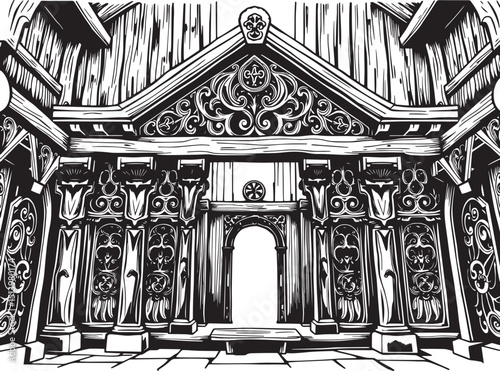 Antique wood architecture, the patterns are made with wood carvings. Hand drawn vector illustration