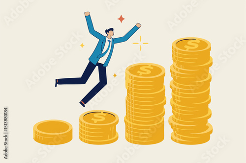 Compound interest, money growth investment, prosperity or earning and profitability stock concept, happy businessman investor jumping on stack of growth compound money coins.