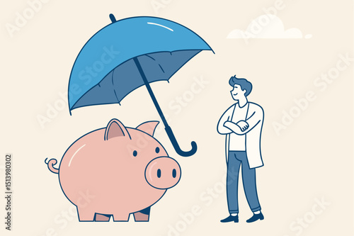 Insurance and finance saving protection in economy crisis, safety investment or all weather portfolio concept, confidence businessman investor with his piggy bank safety money covered by big umbrella.