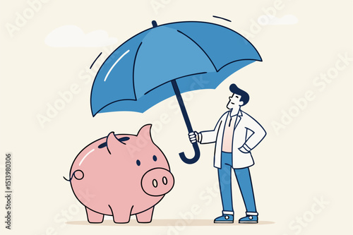 Insurance and finance saving protection in economy crisis, safety investment or all weather portfolio concept, confidence businessman investor with his piggy bank safety money covered by big umbrella.
