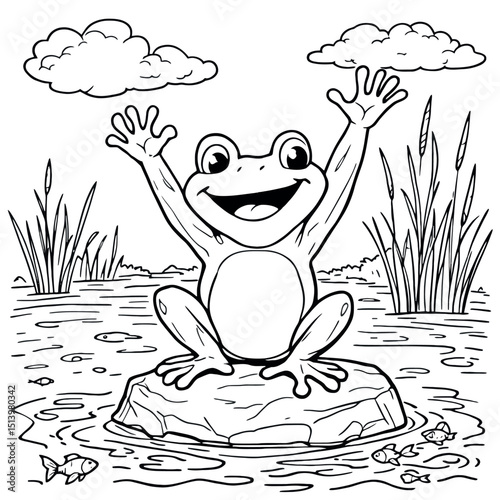 Friendly Frog on a Rock Coloring Page for Relaxing Art Therapy for Adults