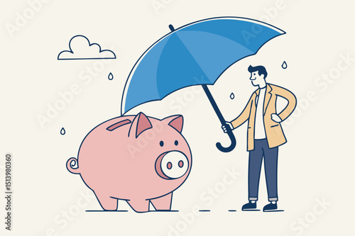 Insurance and finance saving protection in economy crisis, safety investment or all weather portfolio concept, confidence businessman investor with his piggy bank safety money covered by big umbrella.