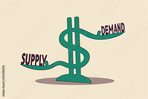 Demand and supply, economic model of price determination in a capital market concept, US dollar money sign with arm metaphor of balancing the word demand on the right and supply on the left.