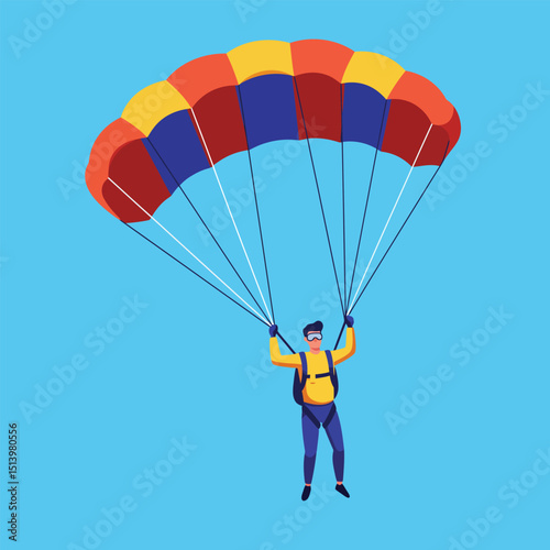 Parachuting flat vector illustration. Skydiving, paragliding experience. Extreme sports. Active lifestyle. Outdoor activities.
