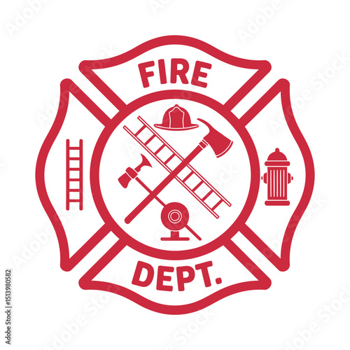 Red Fire Department Maltese Cross Emblem with Firefighting Equipment Icons on White Background for Emergency Services and Public Safety Design Projects