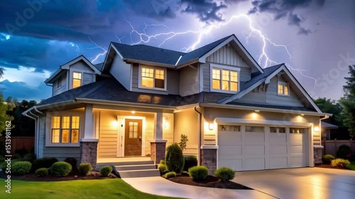 Suburban house exterior with garage illuminated at night during a thunderstorm with lightning striking the sky, moody and dramatic weather