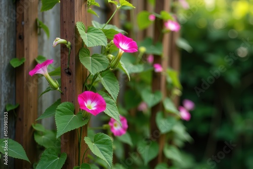 Morning glory flowers blooming on garden trellis