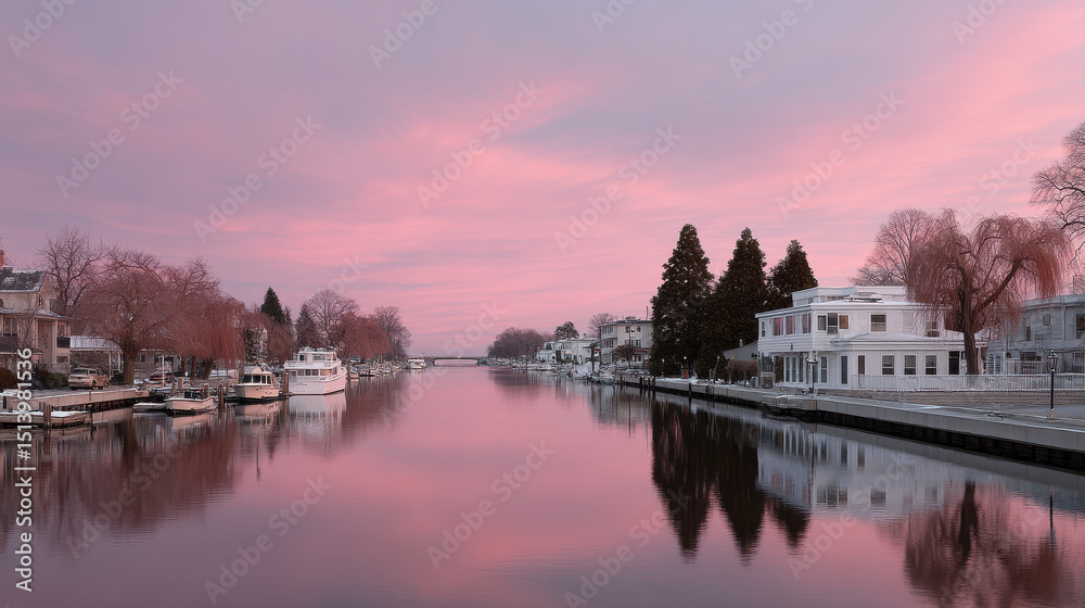 Fototapeta premium serene dawn over calm river with soft pastel colors illuminating sky