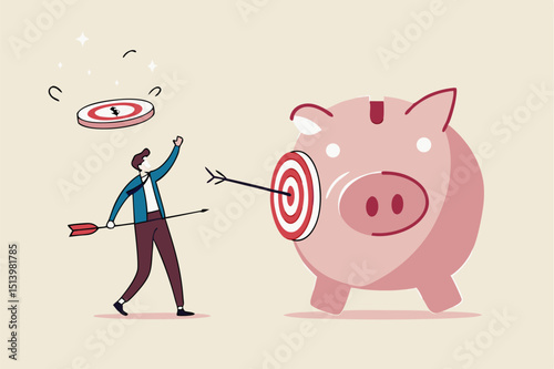 Financial goals, investment target, setting objective for retirement plan success concept, smart businessman investor or advisor shoot archer arrow hitting bull's eye target on saving pink piggy bank.
