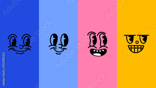 Set of diverse cartoon faces showing hand gestures and emotions. Flat colorful avatars in playful doodle style — ideal for social interaction, feelings, and psychology themes.