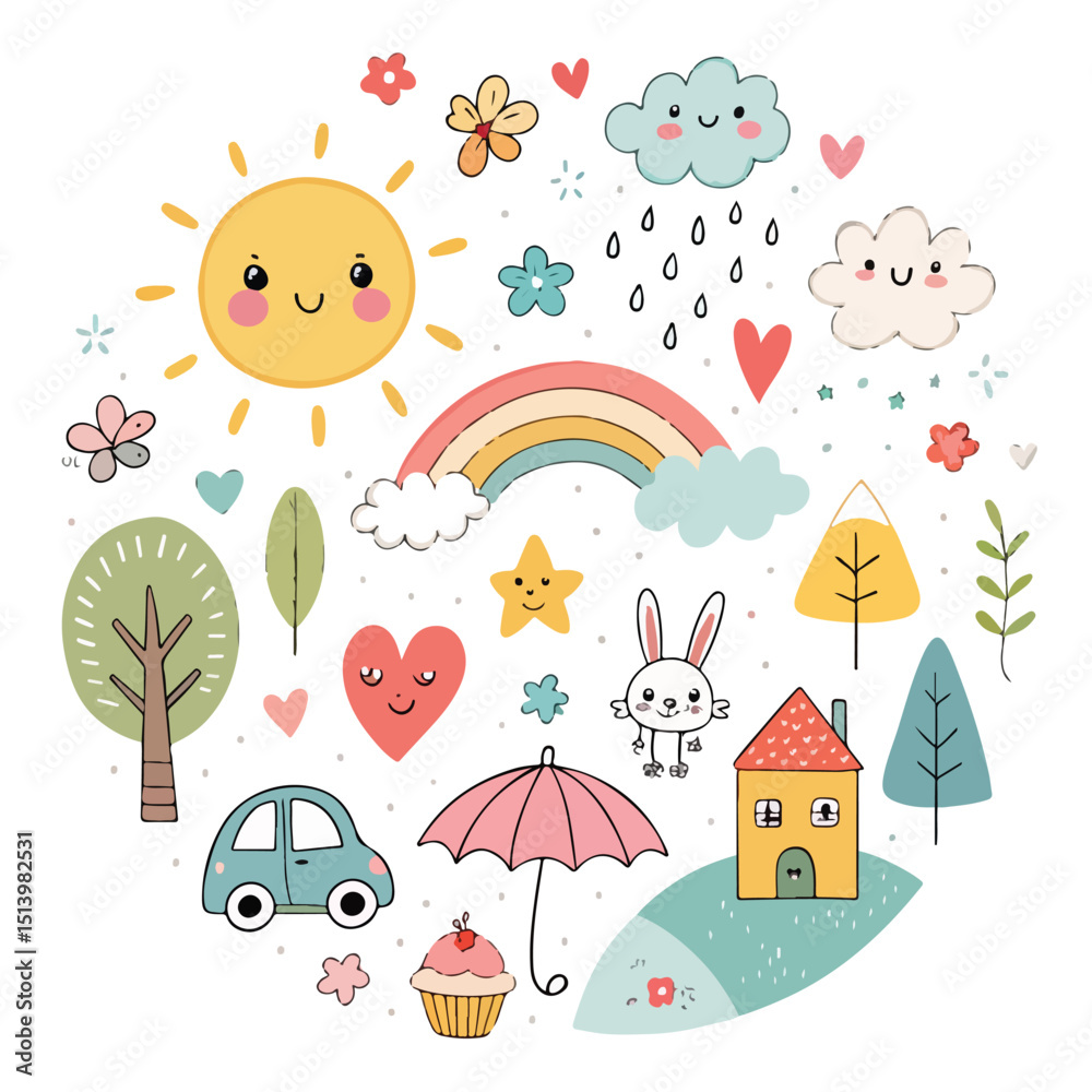 Adorable Hand-Drawn Cute Illustration Sun, Rain, Rainbow, and More! Adorable Hand-Drawn Cute Illustration Sun, Rain, Rainbow, and More!