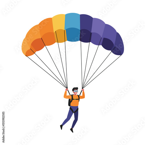 Parachuting flat vector illustration. Skydiving, paragliding experience. Extreme sports. Active lifestyle. Outdoor activities.
