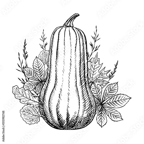 Autumn composition with pumpkin and plant elements. Vector graphics. Black and white hand-drawn illustration. For greeting and invitation cards, banners and posters, for stickers and packaging, labels