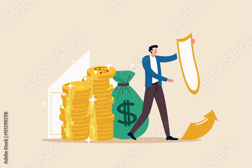 Wealth protection, investment asset allocation portfolio in volatility market or saving guard in financial and economic crisis, businessman expert with strong shield to protect money coins stack.
