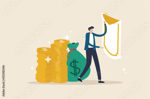 Wealth protection, investment asset allocation portfolio in volatility market or saving guard in financial and economic crisis, businessman expert with strong shield to protect money coins stack.