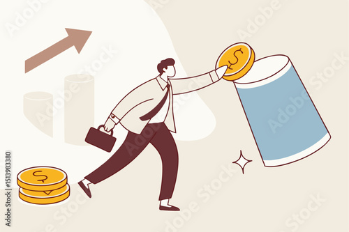 Gambling risk, win the guess game or predict the investment concept, businessman investor pointing to a right cup with human man open it to reveal money dollar coin profit.