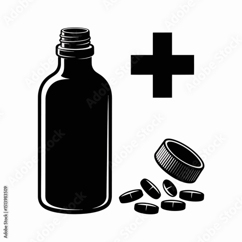 Black and White Vector Graphic of Medicine Bottle, Pills and Cross Symbol