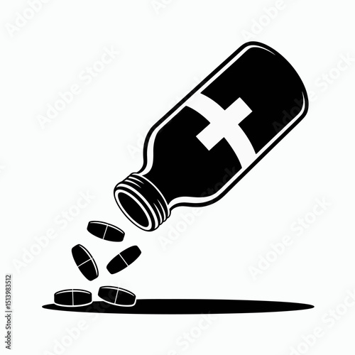 Black and White Illustration of Pills Spilling from a Bottle with a Medical Cross
