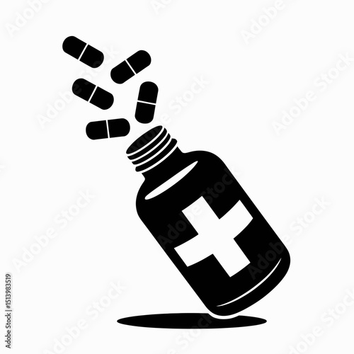 Pills Pouring Out: A Simple Black and White Medical Icon Illustration