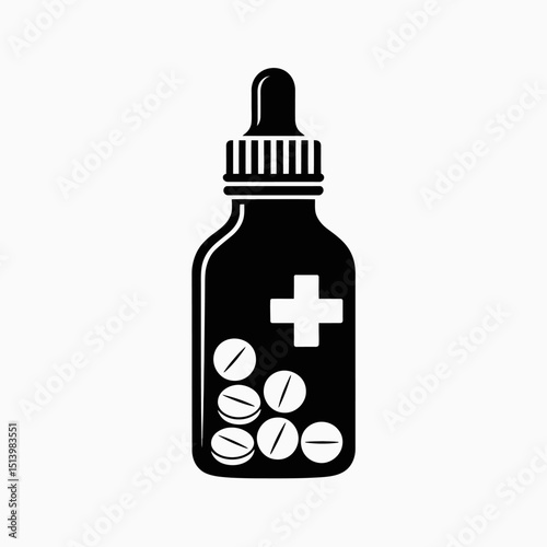 Black and White Pill Bottle Icon with Dropper and Plus Sign Design.