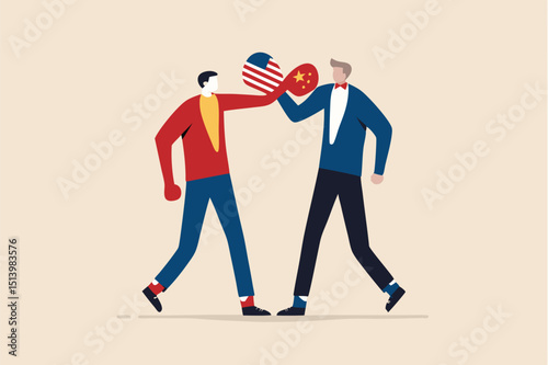 US China trade war, export and import tariff tax or economic cold war and government financial policy between leading country concept, businessmen fighting wearing boxing globe with China and USA flag