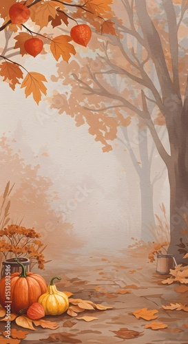 Autumnal path lined with fallen leaves and pumpkins. Foggy, tranquil scene