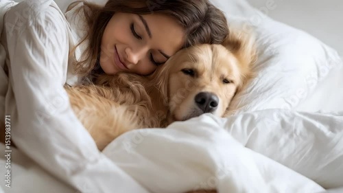 Woman sleeping with golden retriever dog in bed, cozy morning scene under white sheets in bright light, depicting companionship and relaxation