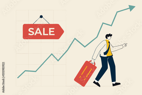 Stock market is on sale when market plunge in economic crisis, buy point to make profit in long run concept, businessman investor expertise pointing at lowest with sale price tag on stock market graph