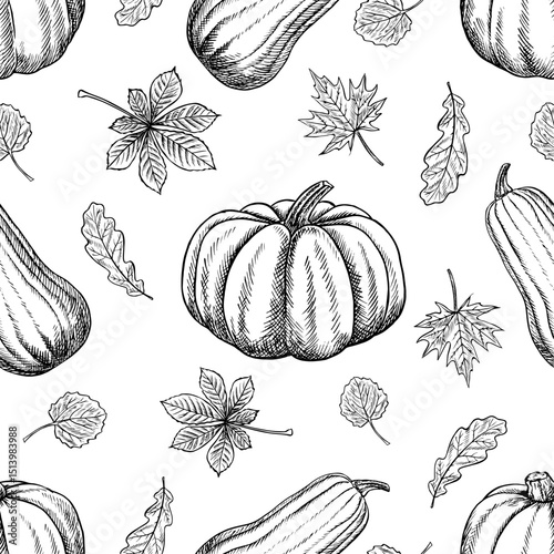 Seamless pattern of pumpkins and leaves of maple, oak, chestnut, aspen trees. Vector graphics. Black and white hand-drawn illustration. On a white background. Great for textiles and packaging.