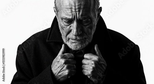 Elderly man looking down and holding his coat against a dark background  