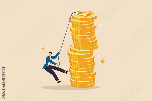 Financial goal, income, salary and career path, investor risk to make profit or savings to reach financial independence concept, businessman trying hard climbing rope to reach top of money coins stack