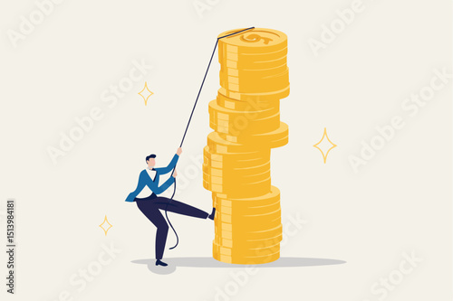 Financial goal, income, salary and career path, investor risk to make profit or savings to reach financial independence concept, businessman trying hard climbing rope to reach top of money coins stack