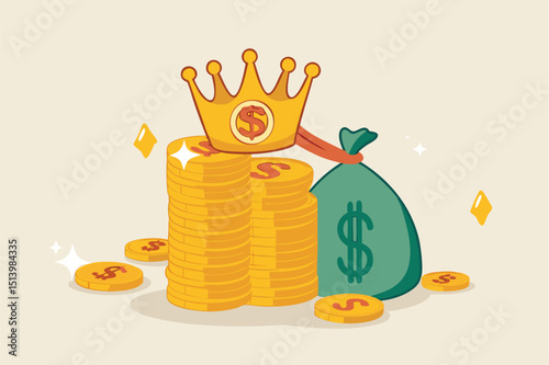 Cash is king, money is the best value in crisis or investor prepare cash to buy stock in economic crisis concept, stack of money dollar coins and money bag with precious king golden crown.