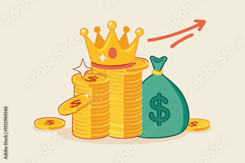 Cash is king, money is the best value in crisis or investor prepare cash to buy stock in economic crisis concept, stack of money dollar coins and money bag with precious king golden crown.