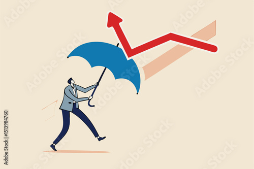 Economic recovery from COVID-19 crisis, business protection or stock market bounce back from recession concept, smart confidence businessman holding strong umbrella to recover red arrow economic graph