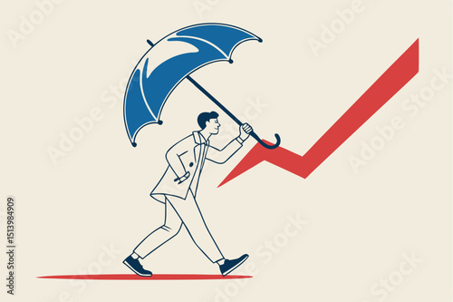 Economic recovery from COVID-19 crisis, business protection or stock market bounce back from recession concept, smart confidence businessman holding strong umbrella to recover red arrow economic graph