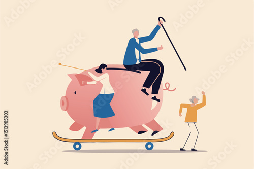 Retirement planning, success investment in 401K, Roth IRA or retirement pension fund concept, happy elderly couple senior man riding huge piggy bank with his wife on fast growth skate board.