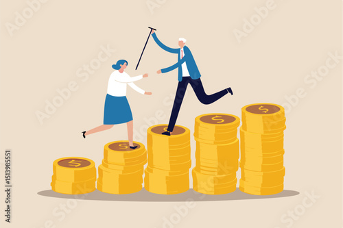 Retirement saving or investment pension fund, planning for wealth and expense for living after retire concept, happy rich elderly couple old man and woman walking on stack of growth money coins saving