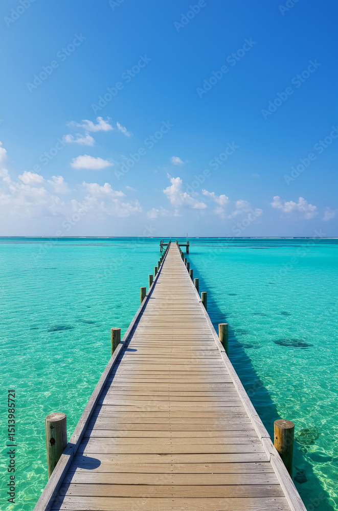 Obraz premium Tranquil Pier Over Turquoise Waters - Serene boardwalk extending over vibrant turquoise sea under a clear blue sky, symbolizing peace, journey, escape, hope, and tranquility