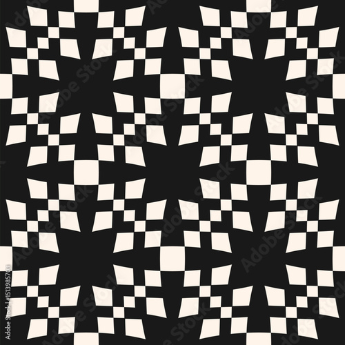 Black and white checkered seamless pattern. Stylish vector abstract ornament texture with grid, lattice, squares, floral silhouettes. Simple monochrome background. Repeated design for print, embossing