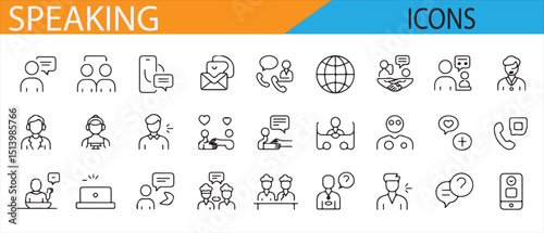 Set of Communication and Speaking Icons Representing Dialogue, Virtual Meetings, and Messaging