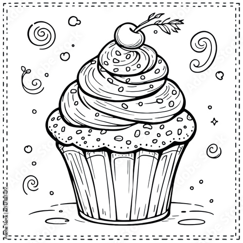 Delicious Sweet Cupcake Cherry Topping Coloring Book Page Illustration Line Art Design
